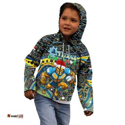 Merry Christmas Gold Coast Titans Kid Hoodie Aboriginal Santa Rugby Mascot Light Blue