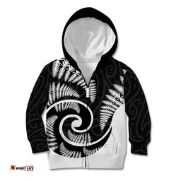 New Zealand Kid Hoodie Maori With Silver Fern White