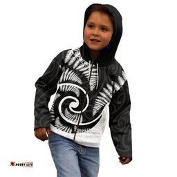 New Zealand Kid Hoodie Maori With Silver Fern White