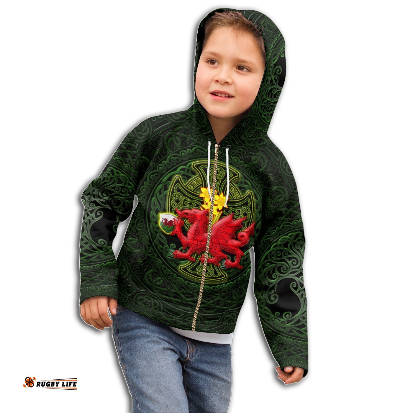 KID Welsh Dragon with Celtic Cross and Daffodils Zip Hoodie The Symbols of Wales