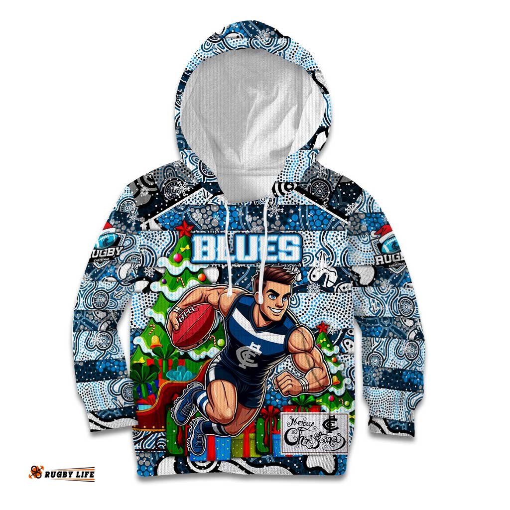Custom Blues Football Merry Christmas Kid Hoodie Indigenous Australian Art