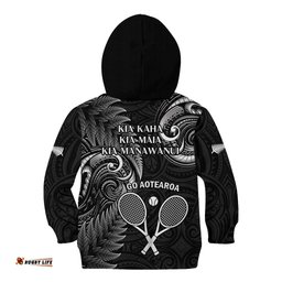 New Zealand Tiki Tennis Kid Hoodie 2024 Aotearoa Tenehi Maori Silver Fern Black