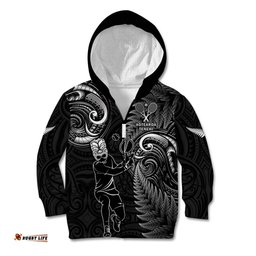 New Zealand Tiki Tennis Kid Hoodie 2024 Aotearoa Tenehi Maori Silver Fern Black