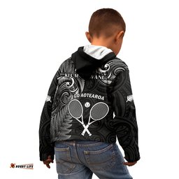 New Zealand Tiki Tennis Kid Hoodie 2024 Aotearoa Tenehi Maori Silver Fern Black
