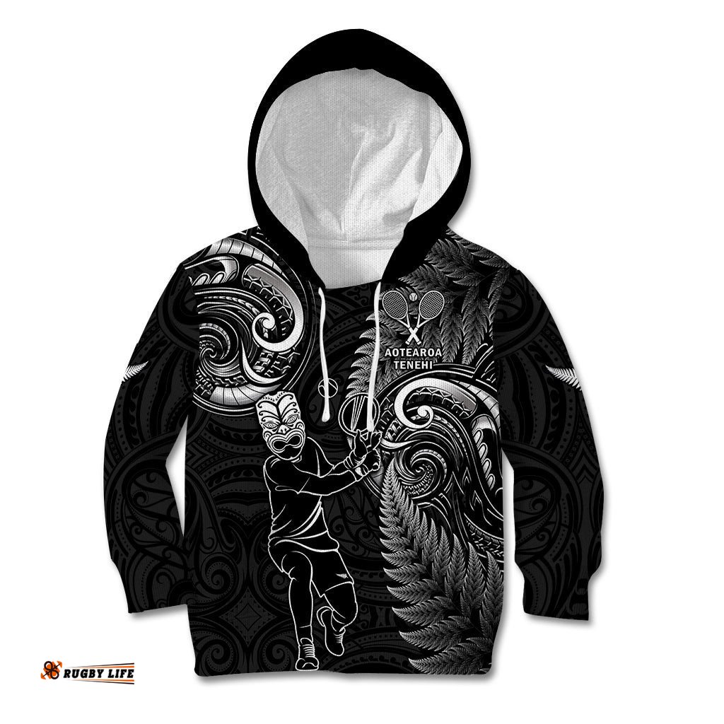 New Zealand Tiki Tennis Kid Hoodie 2024 Aotearoa Tenehi Maori Silver Fern Black