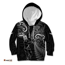 New Zealand Tiki Tennis Kid Hoodie 2024 Aotearoa Tenehi Maori Silver Fern Black