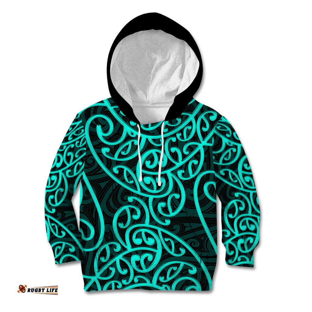 New Zealand Kid Hoodie Maori Pattern Turquoise
