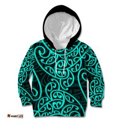 New Zealand Kid Hoodie Maori Pattern Turquoise