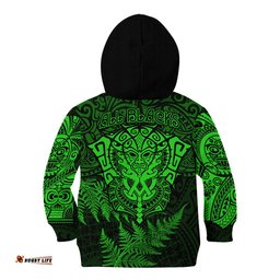 New Zealand Rugby Kid Hoodie Silver Fern All Black Mix Ta Moko Green Style