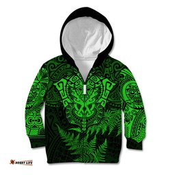 New Zealand Rugby Kid Hoodie Silver Fern All Black Mix Ta Moko Green Style