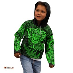 New Zealand Rugby Kid Hoodie Silver Fern All Black Mix Ta Moko Green Style