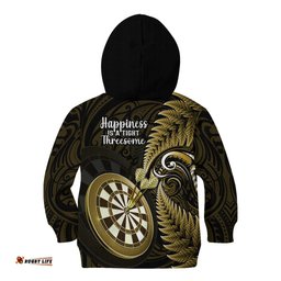 New Zealand Darts Kid Hoodie Happiness Is A Tight Threesome Maori Gold