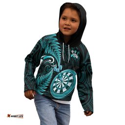 New Zealand Darts Kid Hoodie Happiness Is A Tight Threesome Maori Turquoise