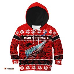 New Zealand Christmas Hoodie KID Paua Shell Silver Fern Meri Kirihimete