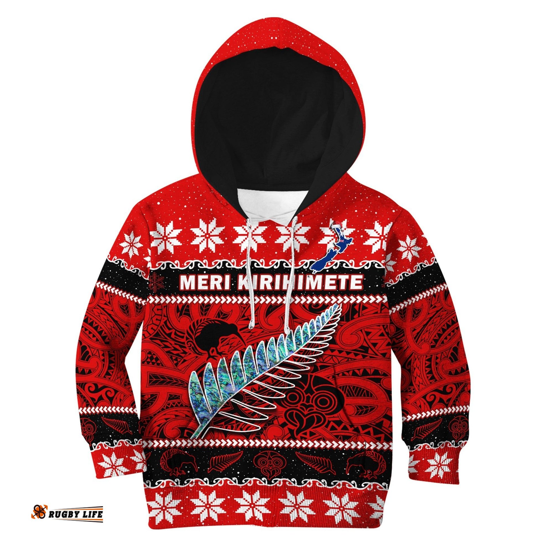 New Zealand Christmas Hoodie KID Paua Shell Silver Fern Meri Kirihimete