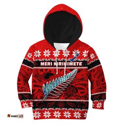 New Zealand Christmas Hoodie KID Paua Shell Silver Fern Meri Kirihimete