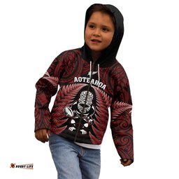 New Zealand Aotearoa Rugby Kid Hoodie NZ Tiki With Maori Fern World Cup Red Version