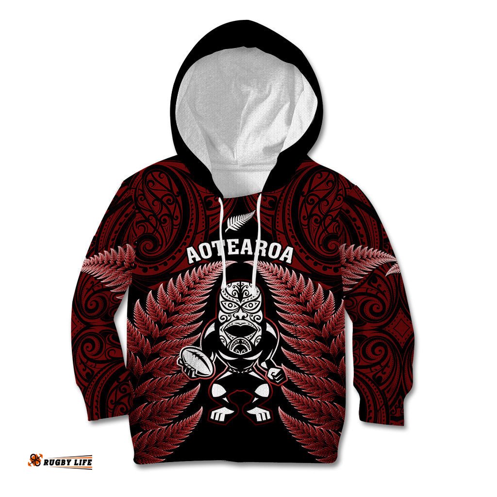 New Zealand Aotearoa Rugby Kid Hoodie NZ Tiki With Maori Fern World Cup Red Version