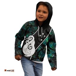 Personalised New Zealand Kid Hoodie Paua Shell Maori Manaia with Silver Ferns