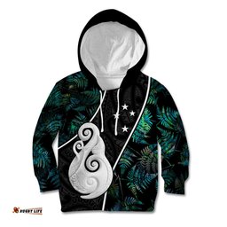 Personalised New Zealand Kid Hoodie Paua Shell Maori Manaia with Silver Ferns