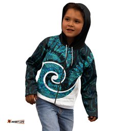 New Zealand Kid Hoodie Maori With Silver Fern Papua Shell Green Ver.1
