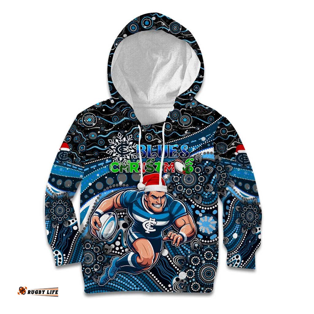 Merry Christmas AFL Carlton Blues Kid Hoodie Aboriginal Santa Football Mascot