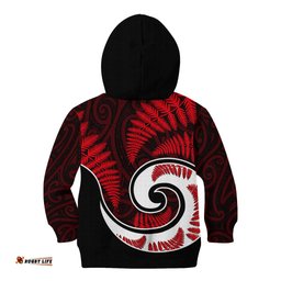 New Zealand Kid Hoodie Maori With Silver Fern Red