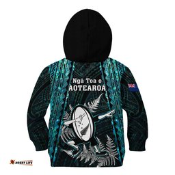 New Zealand Silver Fern Rugby Kid Hoodie Aotearoa All Black Dabbing Ball With Maori Paua Shell