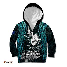 New Zealand Silver Fern Rugby Kid Hoodie Aotearoa All Black Dabbing Ball With Maori Paua Shell