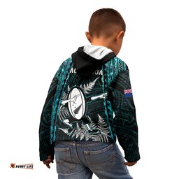 New Zealand Silver Fern Rugby Kid Hoodie Aotearoa All Black Dabbing Ball With Maori Paua Shell