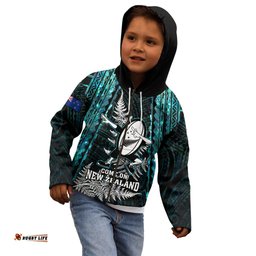 New Zealand Silver Fern Rugby Kid Hoodie Aotearoa All Black Dabbing Ball With Maori Paua Shell