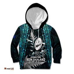 New Zealand Silver Fern Rugby Kid Hoodie Aotearoa All Black Dabbing Ball With Maori Paua Shell
