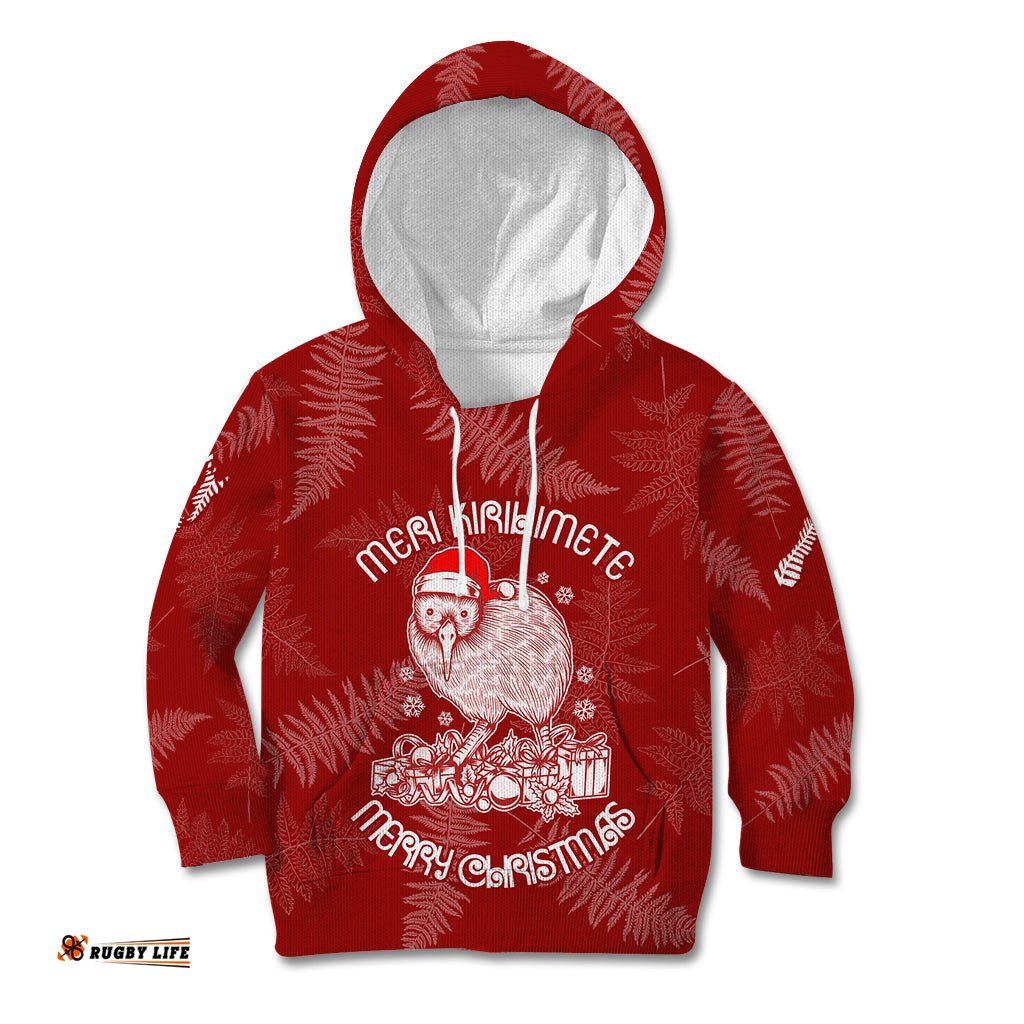 New Zealand Christmas Kid Hoodie Silver Fern Mix Kiwi Bird Ver01