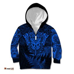 New Zealand Rugby Kid Hoodie Silver Fern All Black Mix Ta Moko Blue Style