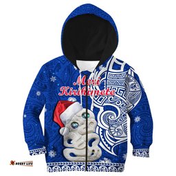 New Zealand Christmas Hoodie KID Hei Tiki Blue Pohutukawa Meri Kirihimete