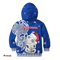 New Zealand Christmas Hoodie KID Hei Tiki Blue Pohutukawa Meri Kirihimete