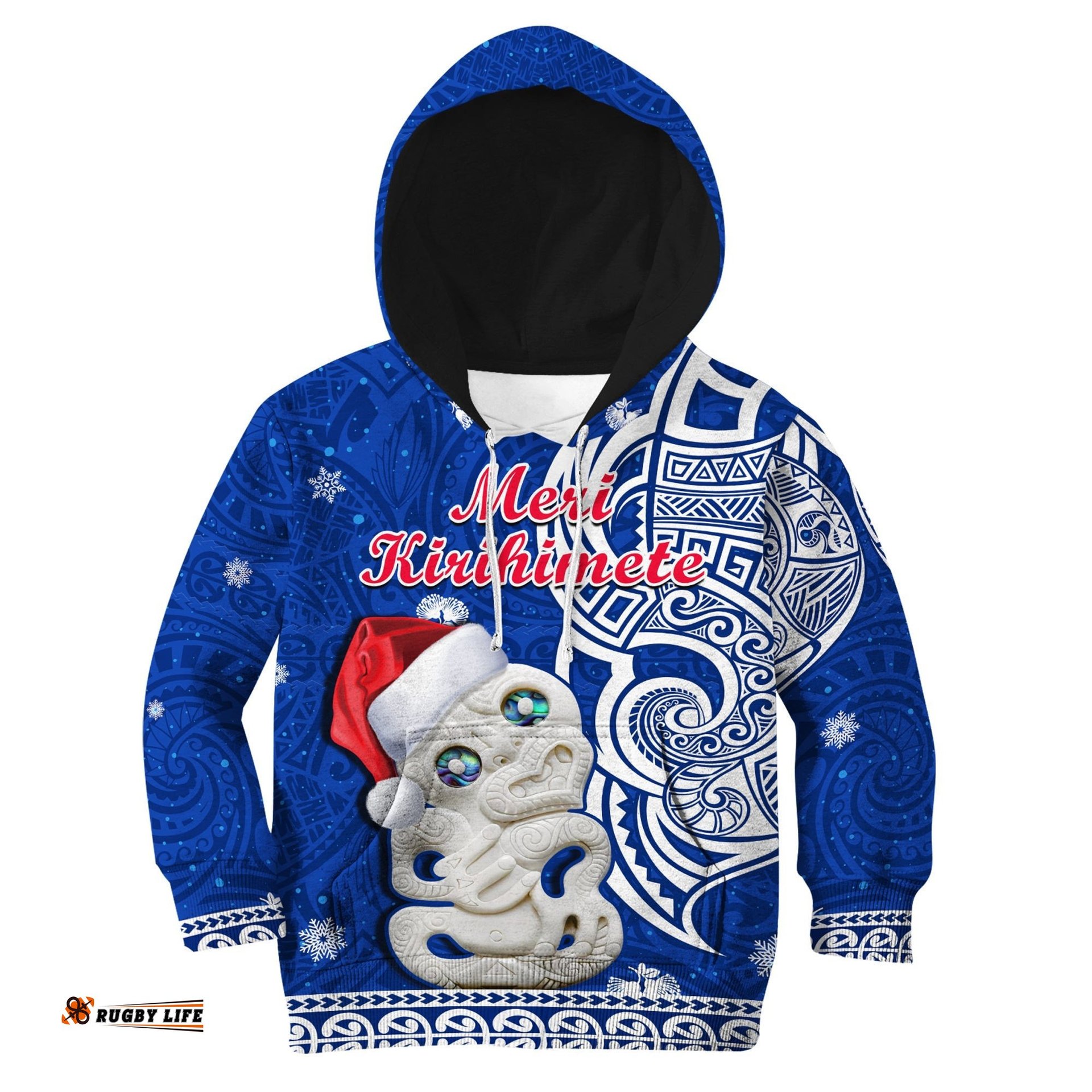 New Zealand Christmas Hoodie KID Hei Tiki Blue Pohutukawa Meri Kirihimete