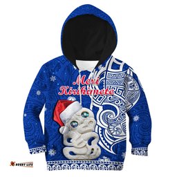New Zealand Christmas Hoodie KID Hei Tiki Blue Pohutukawa Meri Kirihimete
