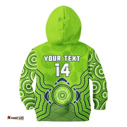 Custom Text And Number Raiders Rugby Hoodie KID The Green Machine Indigenous Artsy