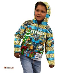 Custom Titans Rugby Merry Christmas Kid Hoodie Indigenous Australian Art