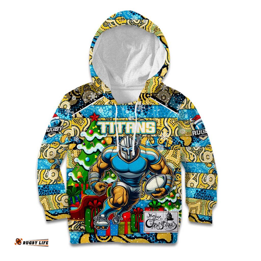 Custom Titans Rugby Merry Christmas Kid Hoodie Indigenous Australian Art