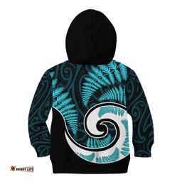 New Zealand Kid Hoodie Maori With Silver Fern Light Blue