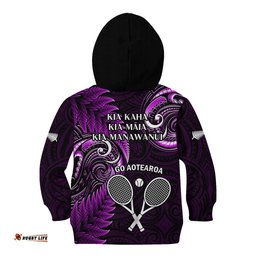 New Zealand Tiki Tennis Kid Hoodie 2024 Aotearoa Tenehi Maori Silver Fern Purple