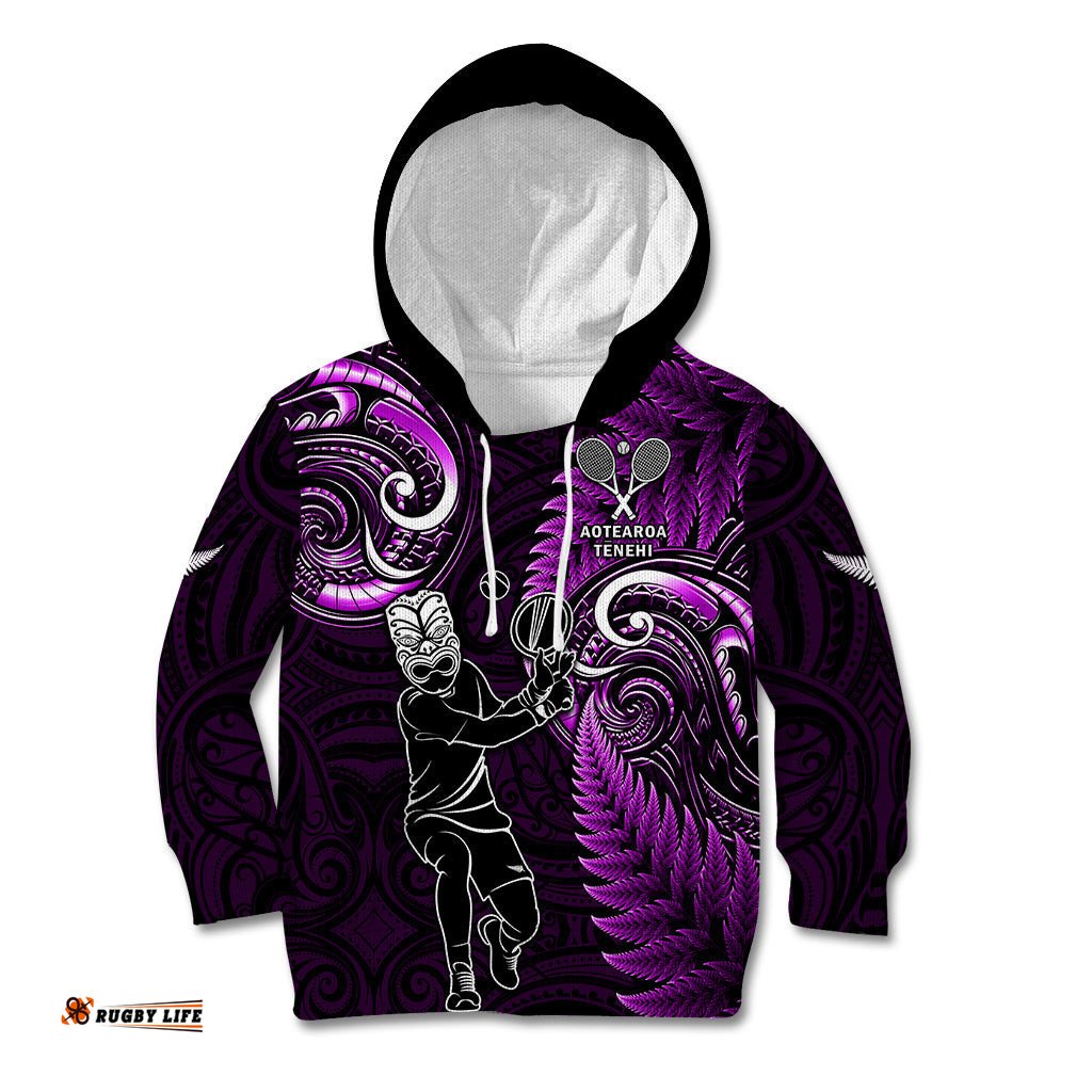 New Zealand Tiki Tennis Kid Hoodie 2024 Aotearoa Tenehi Maori Silver Fern Purple