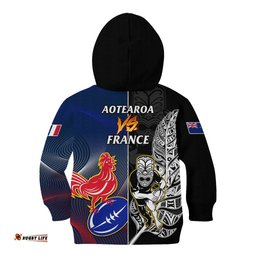 New Zealand And France Rugby Kid Hoodie All Black With Les Bleus Together World Cup