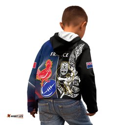 New Zealand And France Rugby Kid Hoodie All Black With Les Bleus Together World Cup