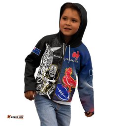 New Zealand And France Rugby Kid Hoodie All Black With Les Bleus Together World Cup