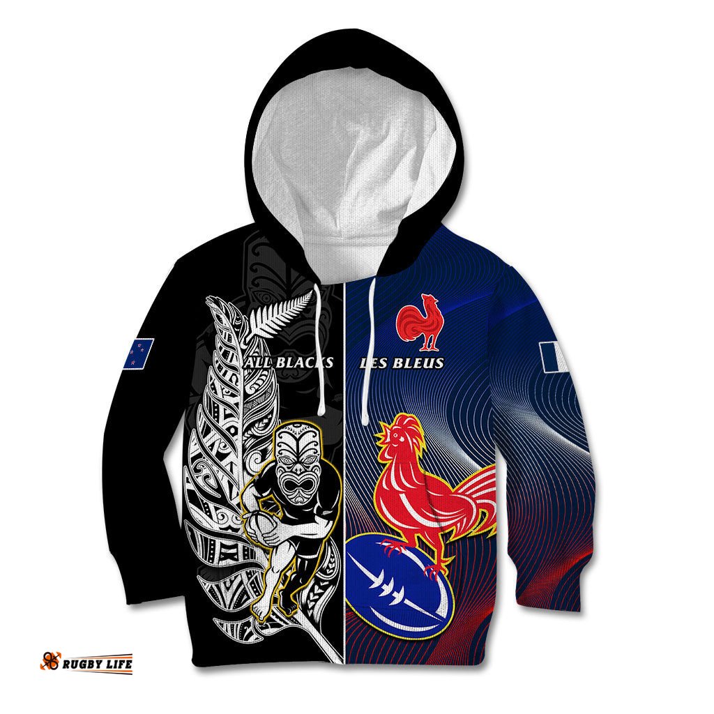 New Zealand And France Rugby Kid Hoodie All Black With Les Bleus Together World Cup