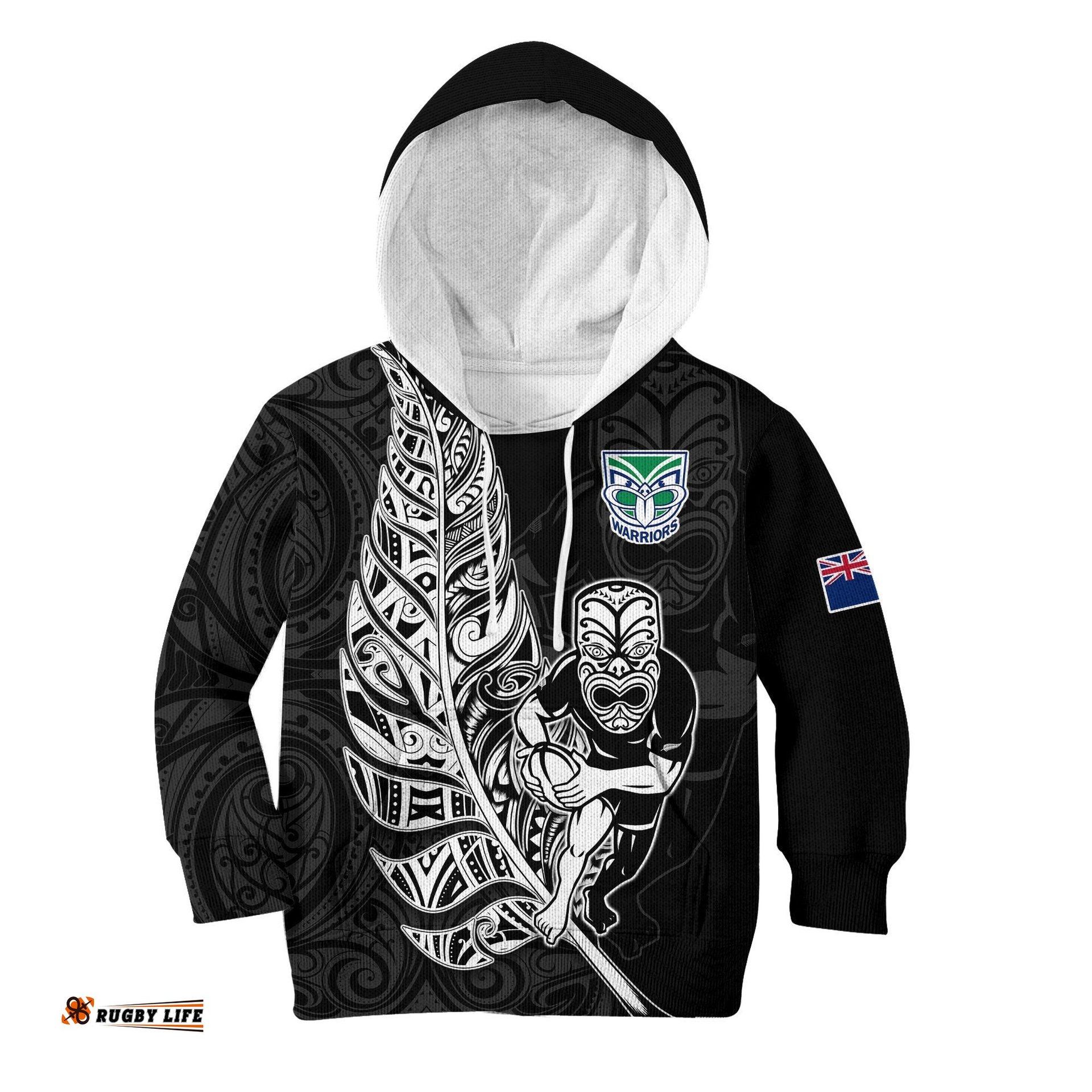 New Zealand Tiki Rugby Hoodie KID NZ Warriors Fern Maori Style