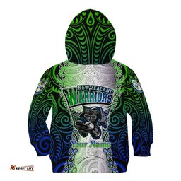 Personalised New Zealand Warriors Kid Hoodie Maori Silver Fern Green
